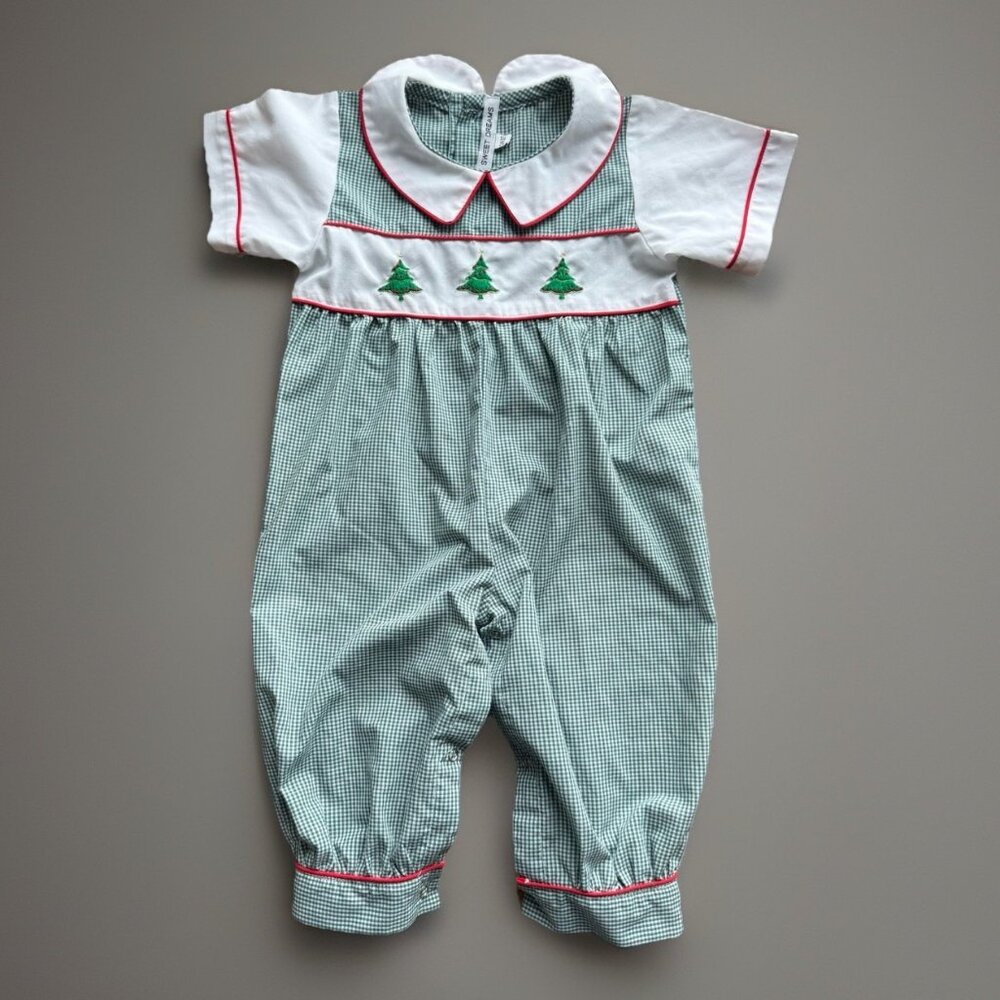 Sweet Dreams Smocked Christmas Trees 24 Mo 2T Romper Green Check Classic